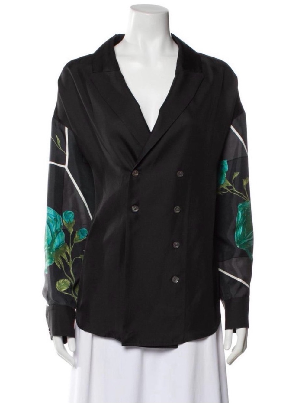 Rachel Comey Black Blouse with Teal Floral Sleeves Size 14